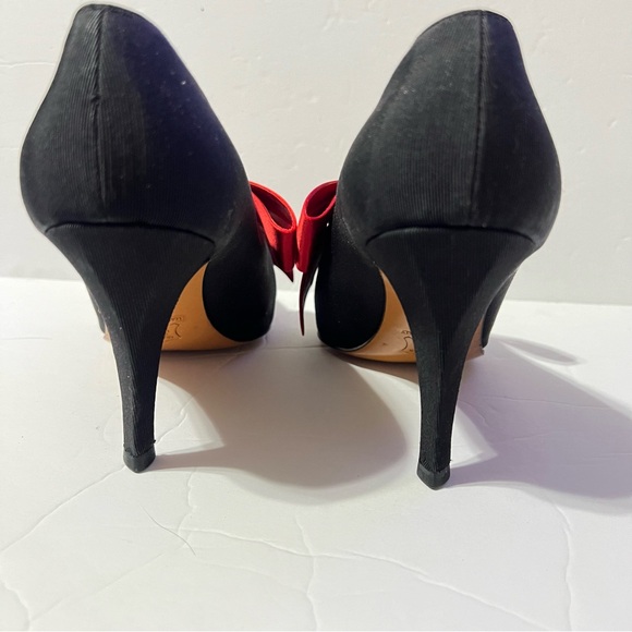 38 Yves Saint Laurent YSL Black Fabric /Leather Red Bow Pumps 8 •Vintage - Picture 12 of 15